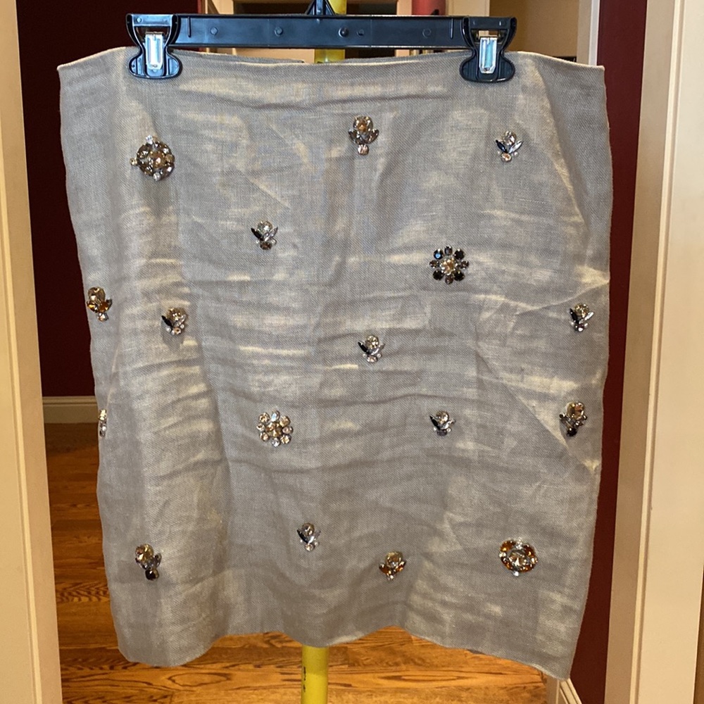 Ann Taylor Tan Beige Linen Embellished Jewel Pencil Skirt